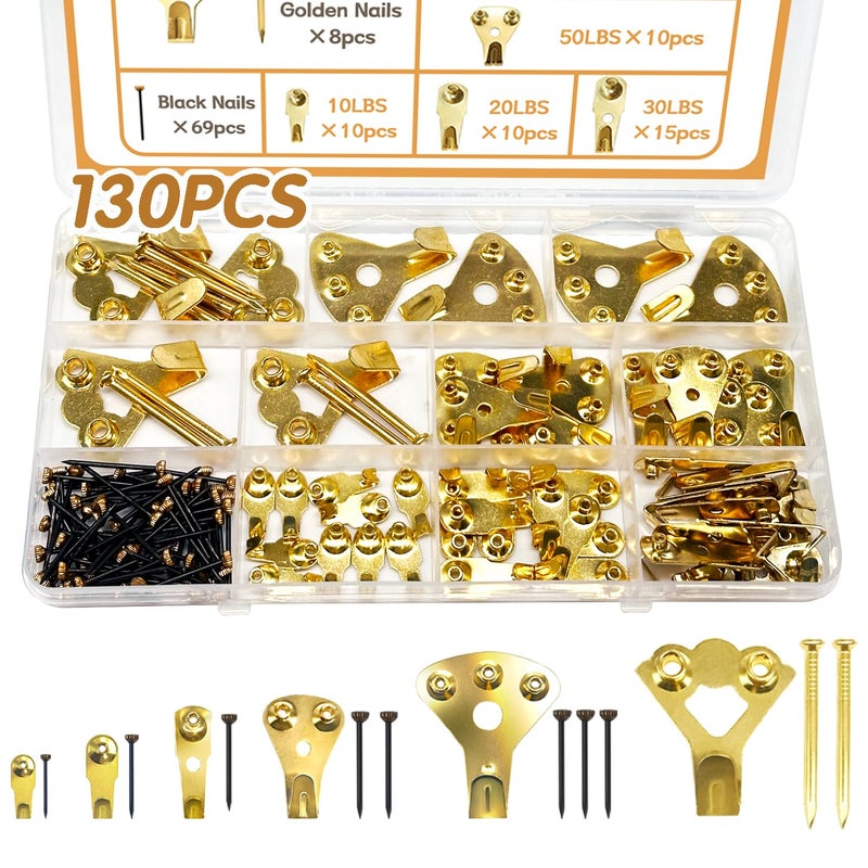 zDwfDc 130PCS Heavy Duty Picture Hangers Support 10-100lbs Picture Hardware Hook with Nails for Hanging Pictures, Plaster Walls, Clock, Mirror, Painting Hooks Heavy Duty - Image 1